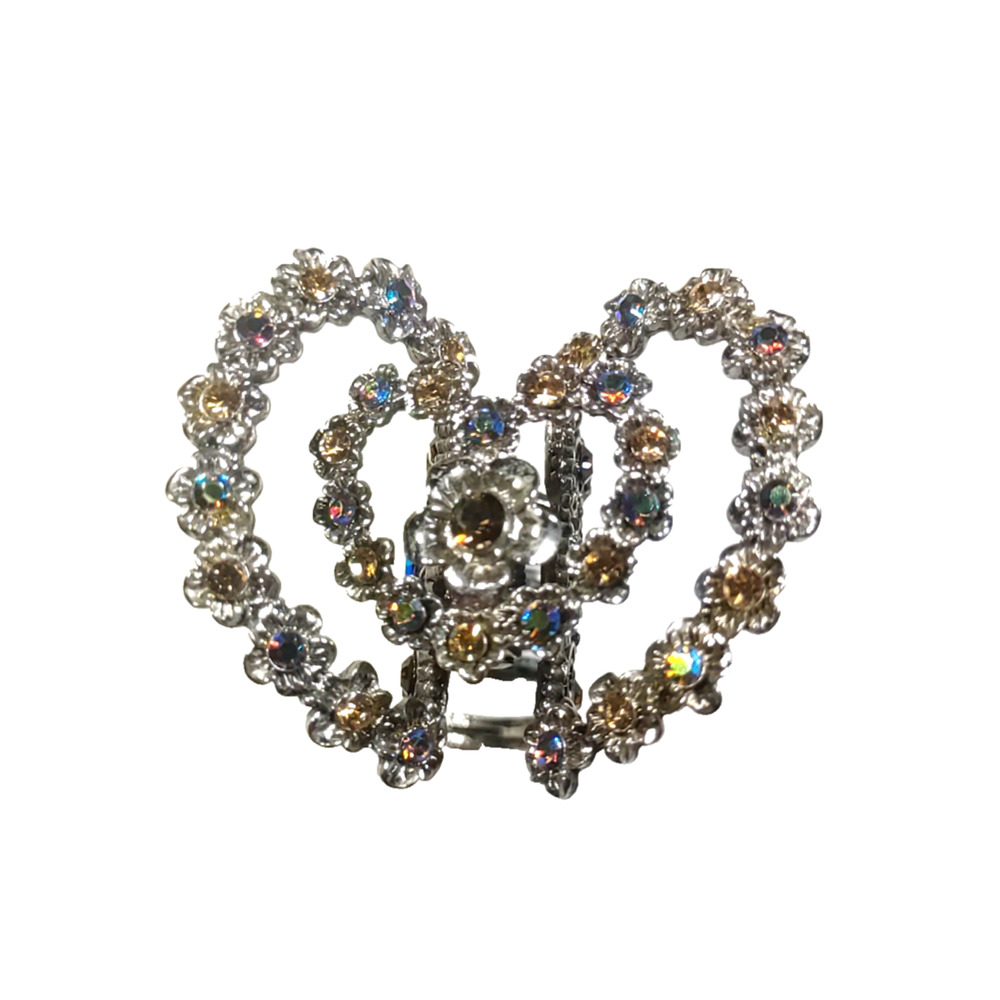 Pony Tail Holder Barrette Double Love Heart Design Rhinestones Silver Tone